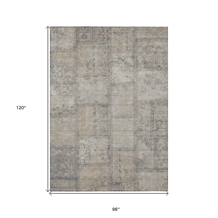 8' X 10' Beige Taupe And Brown Patchwork Washable Indoor Outdoor Area Rug