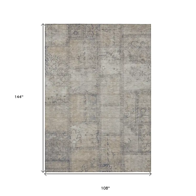 9' X 12' Beige Taupe And Brown Patchwork Washable Indoor Outdoor Area Rug