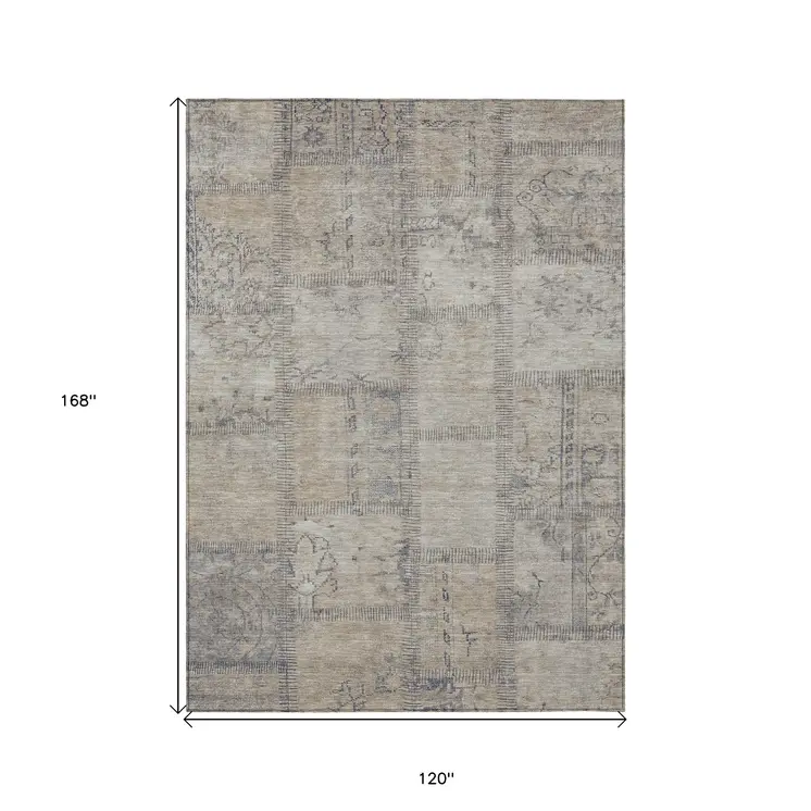 10' X 14' Beige Taupe And Brown Patchwork Washable Indoor Outdoor Area Rug