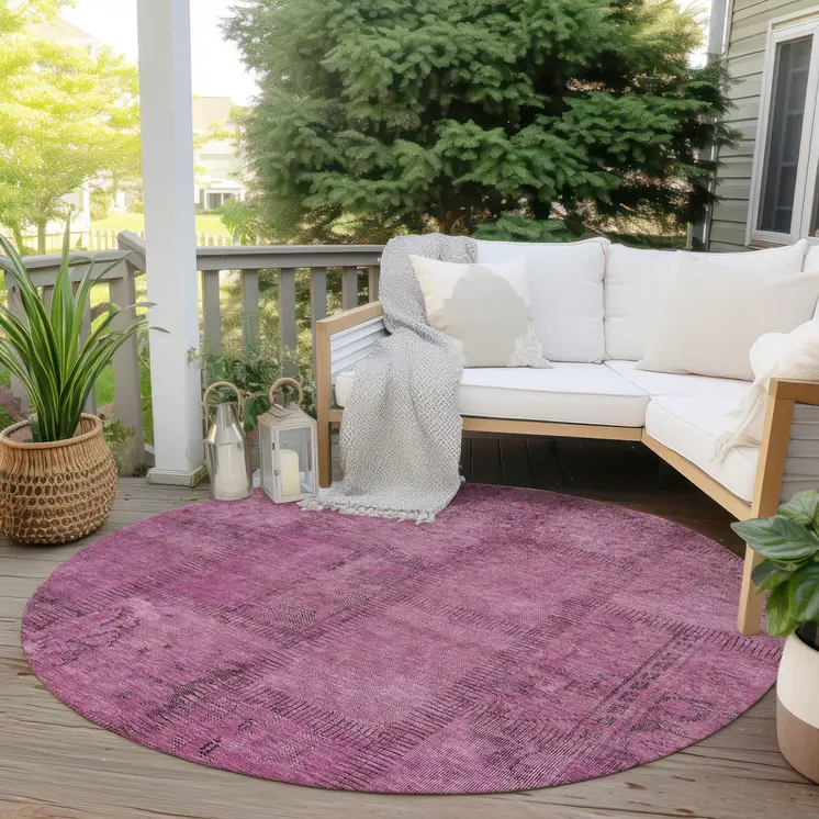 8' Blush Pink And Mauve Round Patchwork Washable Indoor Outdoor Area Rug