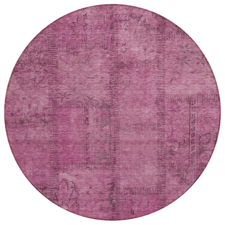 8' Blush Pink And Mauve Round Patchwork Washable Indoor Outdoor Area Rug