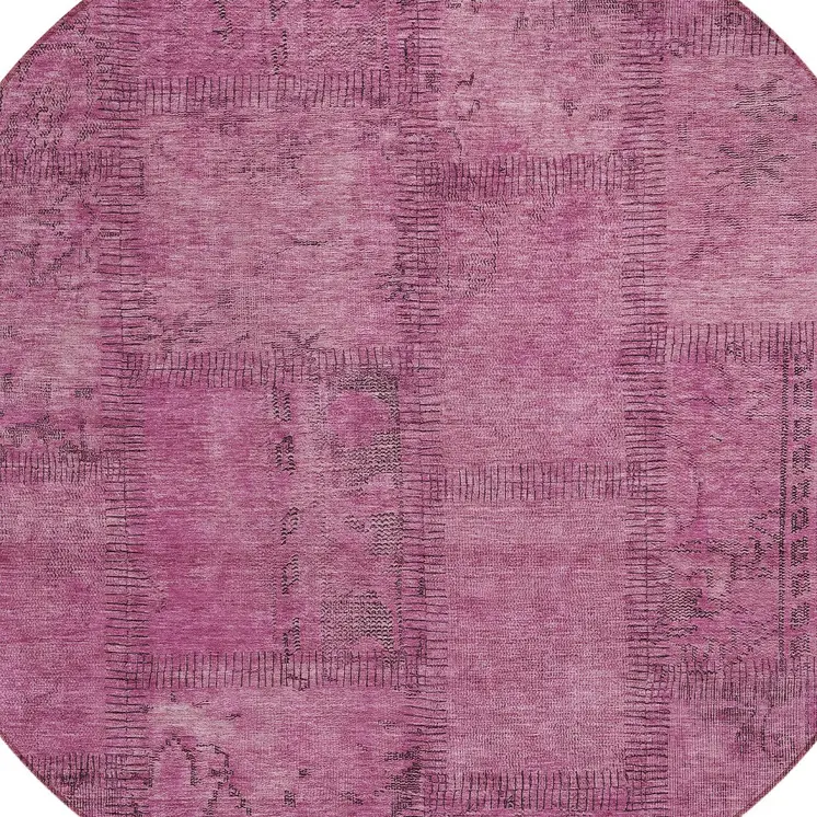 8' Blush Pink And Mauve Round Patchwork Washable Indoor Outdoor Area Rug