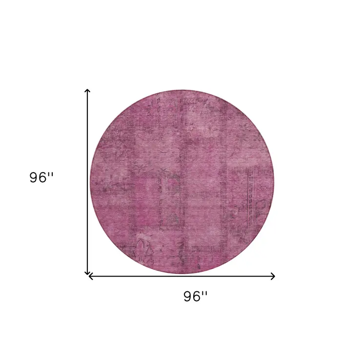 8' Blush Pink And Mauve Round Patchwork Washable Indoor Outdoor Area Rug