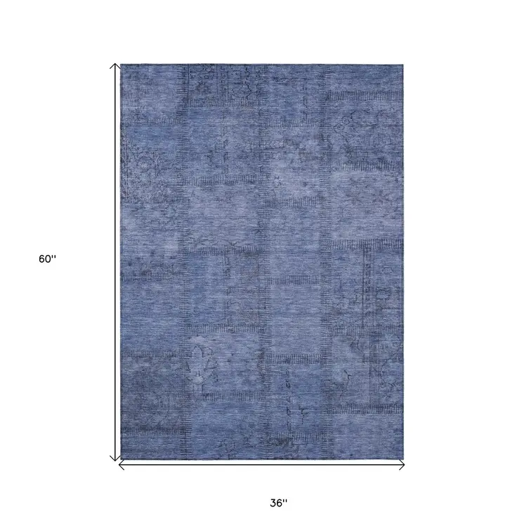 3' X 5' Denim Blue And Sky Blue Patchwork Washable Indoor Outdoor Area Rug