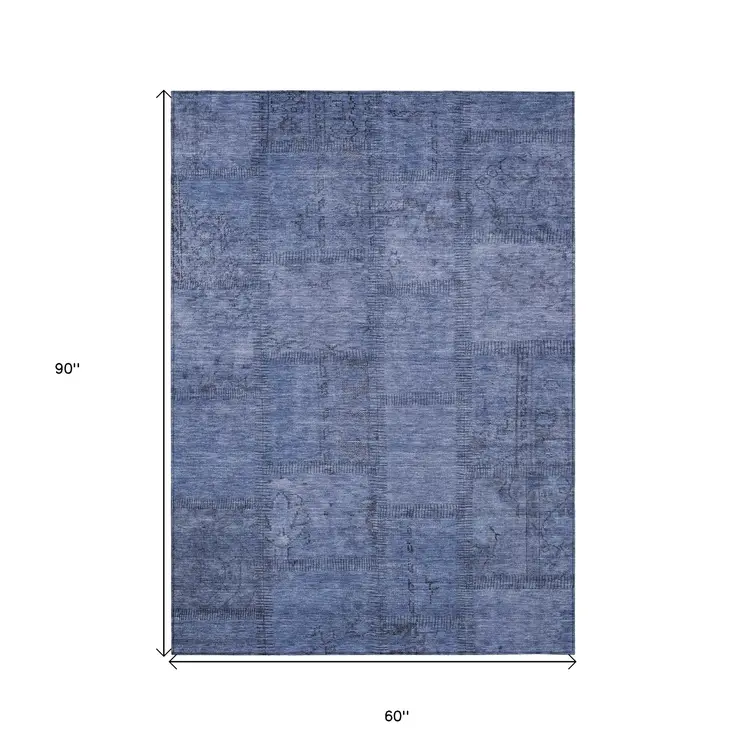 5' X 8' Denim Blue And Sky Blue Patchwork Washable Indoor Outdoor Area Rug