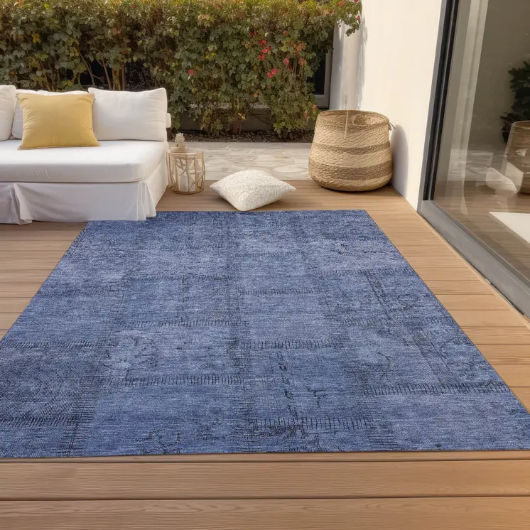 5' X 8' Denim Blue And Sky Blue Patchwork Washable Indoor Outdoor Area Rug