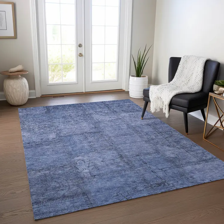 5' X 8' Denim Blue And Sky Blue Patchwork Washable Indoor Outdoor Area Rug