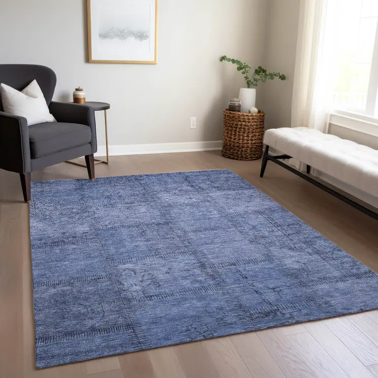 5' X 8' Denim Blue And Sky Blue Patchwork Washable Indoor Outdoor Area Rug