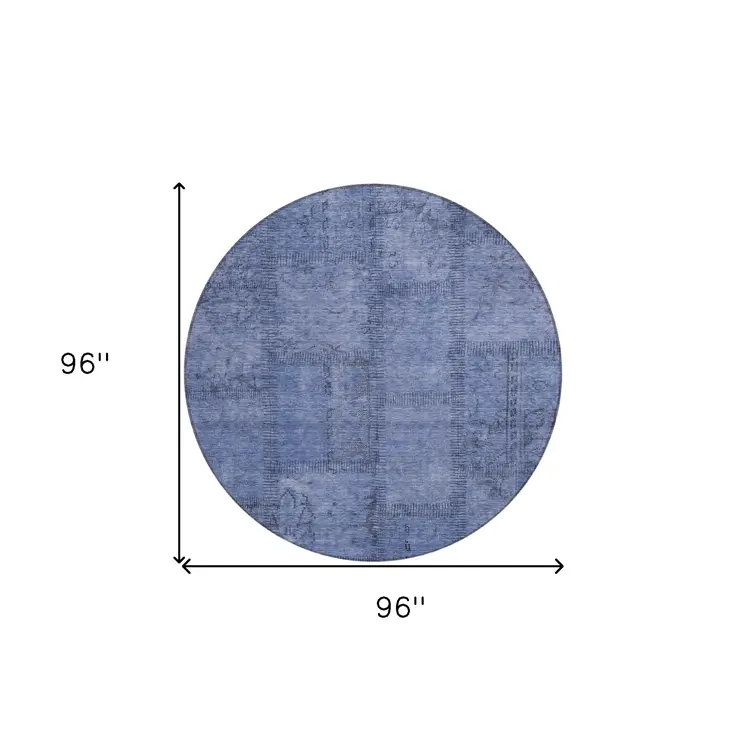 8' Denim Blue And Sky Blue Round Patchwork Washable Indoor Outdoor Area Rug
