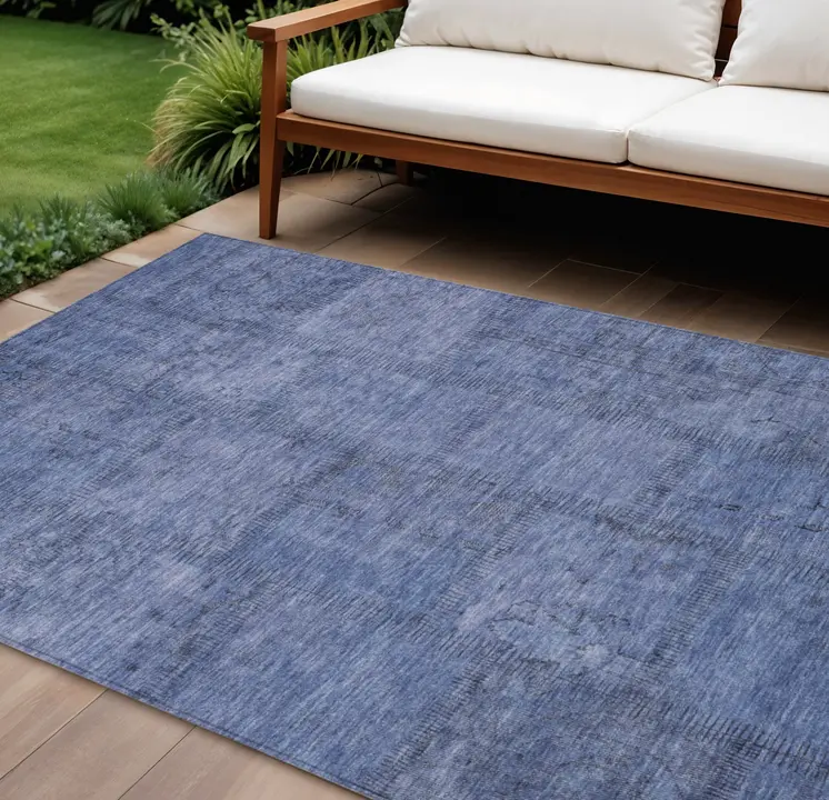 10' X 14' Denim Blue And Sky Blue Patchwork Washable Indoor Outdoor Area Rug
