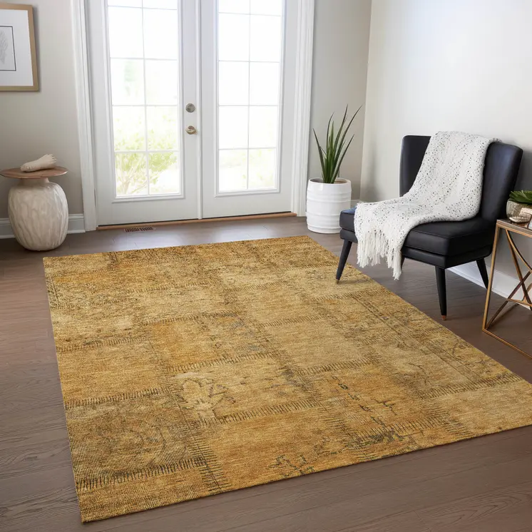 5' X 8' Peach Gray And Charcoal Patchwork Washable Indoor Outdoor Area Rug