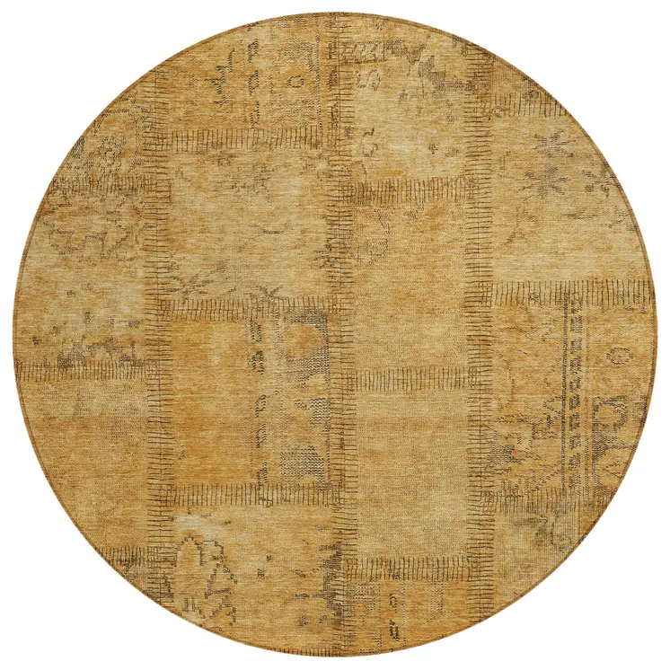 8' Peach Gray And Charcoal Round Patchwork Washable Indoor Outdoor Area Rug
