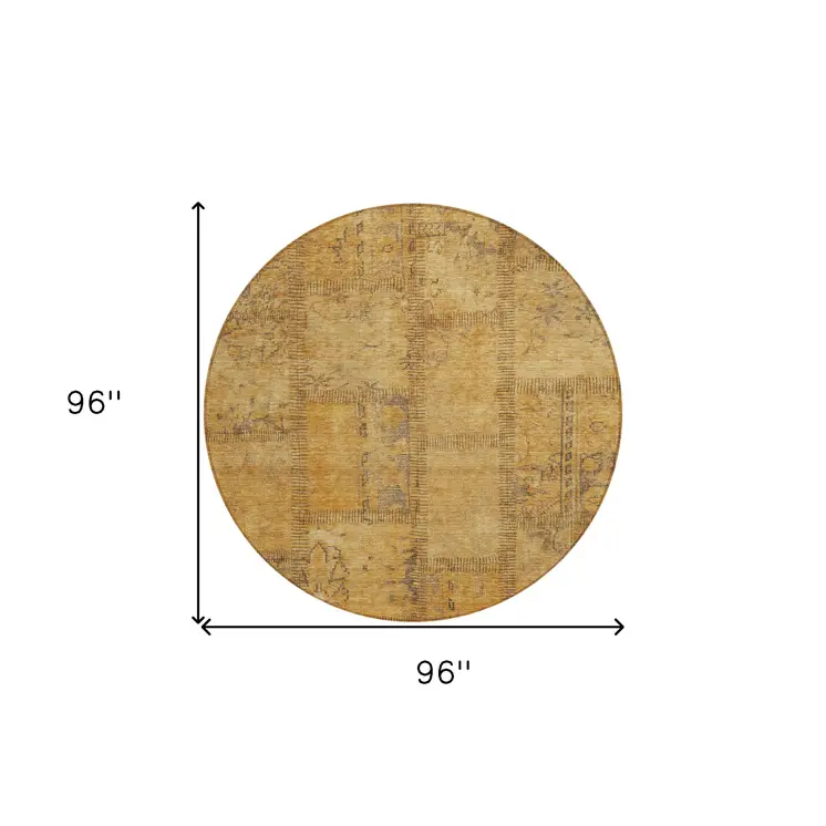 8' Peach Gray And Charcoal Round Patchwork Washable Indoor Outdoor Area Rug