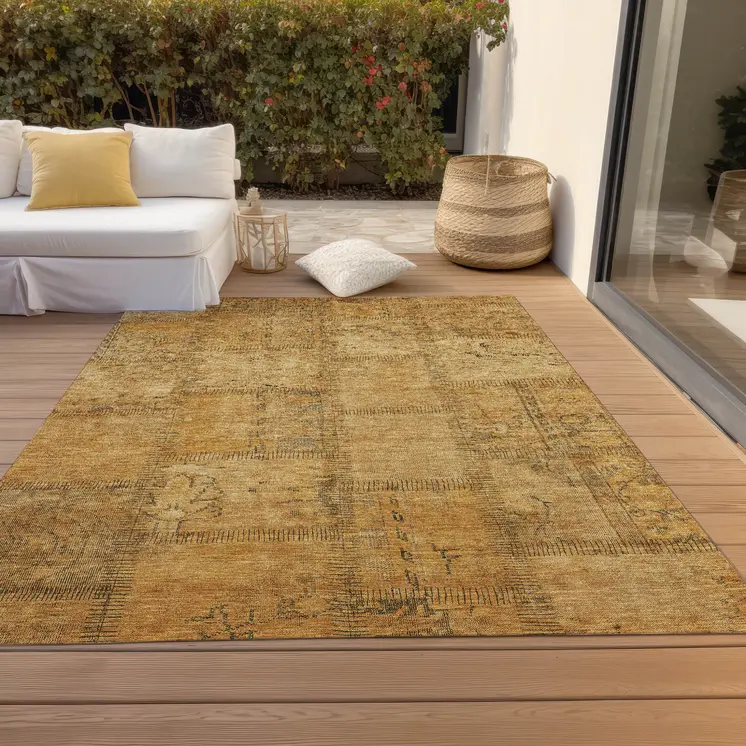 9' X 12' Peach Gray And Charcoal Patchwork Washable Indoor Outdoor Area Rug