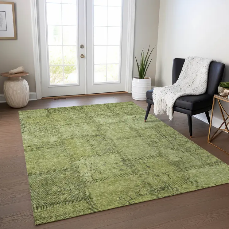 3' X 5' Fern Green And Artichoke Green Patchwork Washable Indoor Outdoor Area Rug