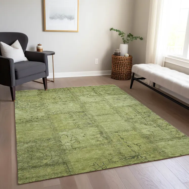 3' X 5' Fern Green And Artichoke Green Patchwork Washable Indoor Outdoor Area Rug