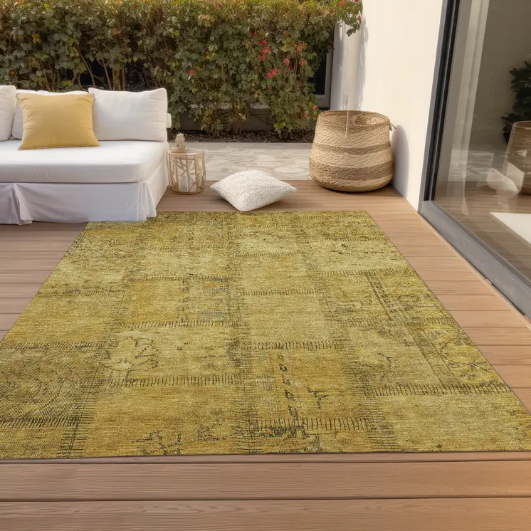 8' X 10' Gold Wheat And Gray Patchwork Washable Indoor Outdoor Area Rug