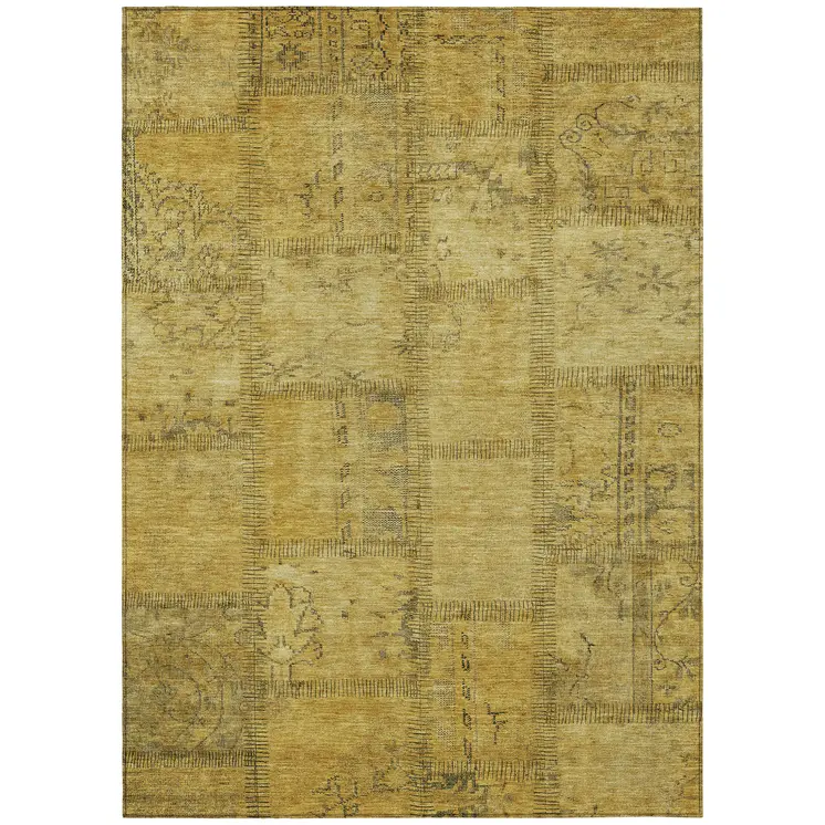 8' X 10' Gold Wheat And Gray Patchwork Washable Indoor Outdoor Area Rug