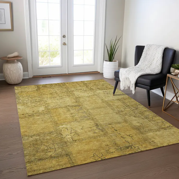 8' X 10' Gold Wheat And Gray Patchwork Washable Indoor Outdoor Area Rug