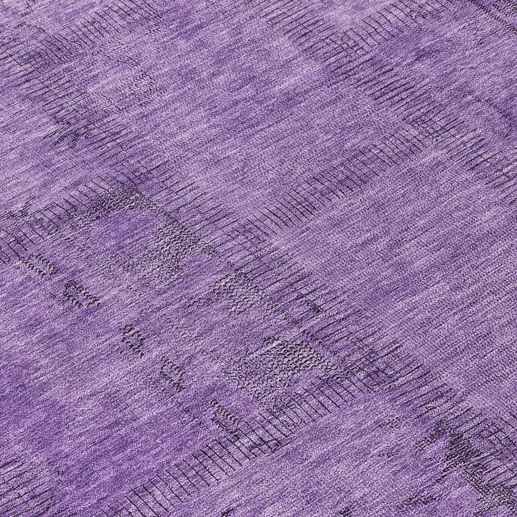 8' Purple Eggplant And Gray Round Patchwork Washable Indoor Outdoor Area Rug