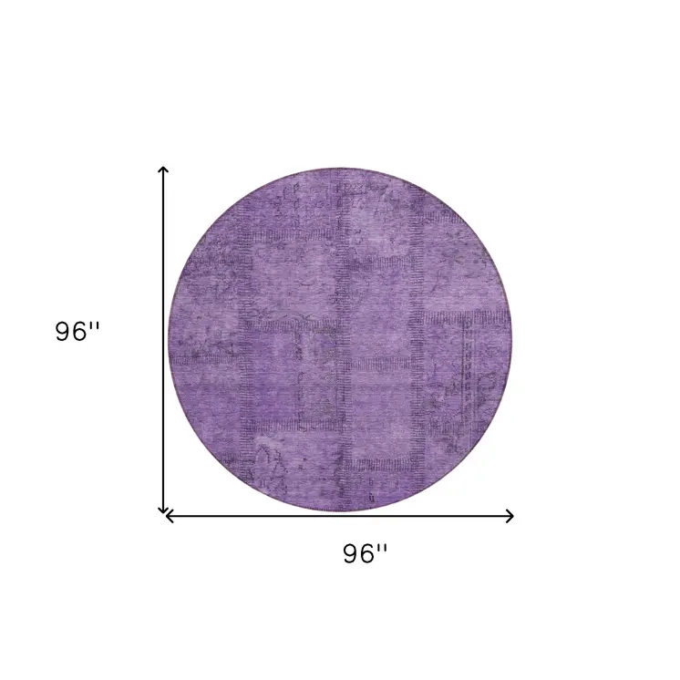 8' Purple Eggplant And Gray Round Patchwork Washable Indoor Outdoor Area Rug