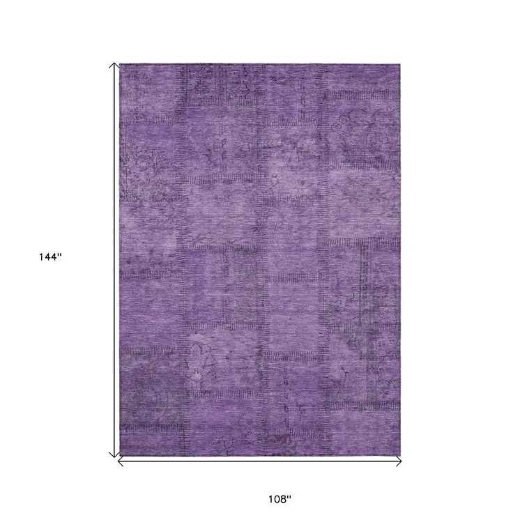 9' X 12' Purple Eggplant And Gray Patchwork Washable Indoor Outdoor Area Rug