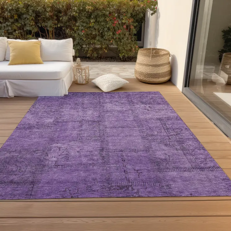 9' X 12' Purple Eggplant And Gray Patchwork Washable Indoor Outdoor Area Rug