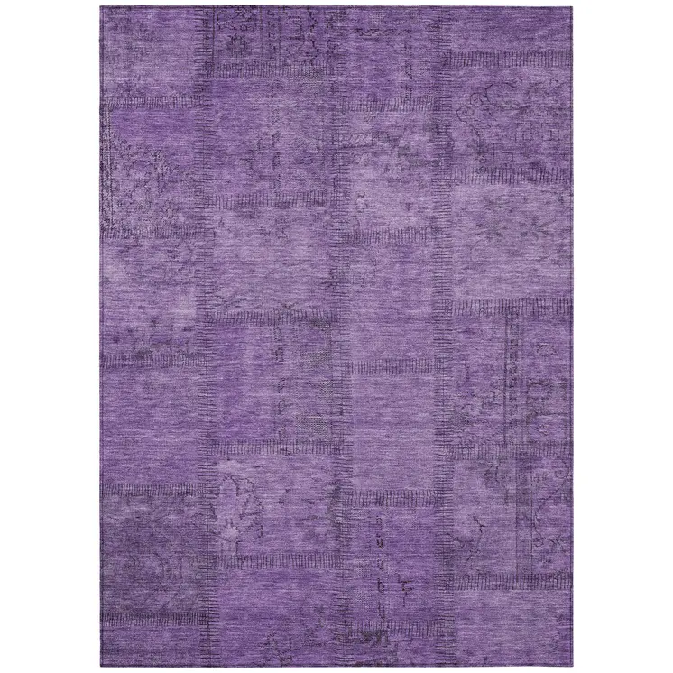 9' X 12' Purple Eggplant And Gray Patchwork Washable Indoor Outdoor Area Rug