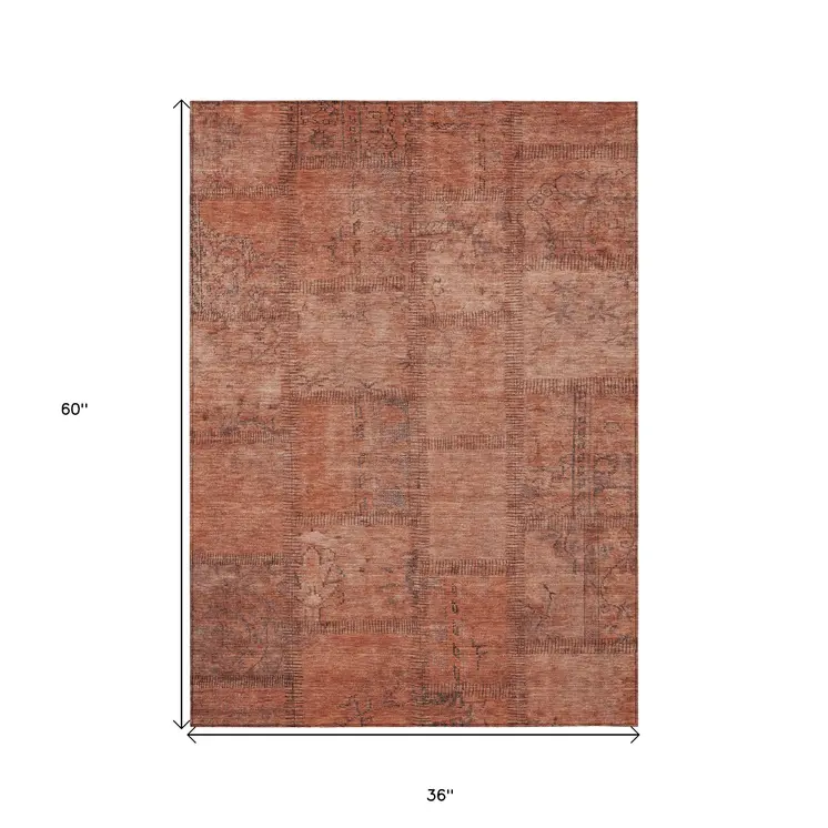 3' X 5' Salmon Copper And Gray Patchwork Washable Indoor Outdoor Area Rug