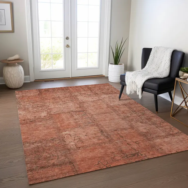 9' X 12' Salmon Copper And Gray Patchwork Washable Indoor Outdoor Area Rug