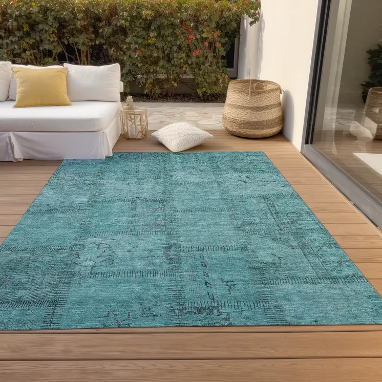 3' X 5' Teal Blue And Aqua Patchwork Washable Indoor Outdoor Area Rug