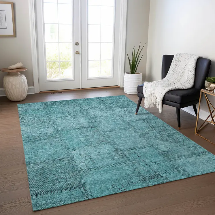3' X 5' Teal Blue And Aqua Patchwork Washable Indoor Outdoor Area Rug