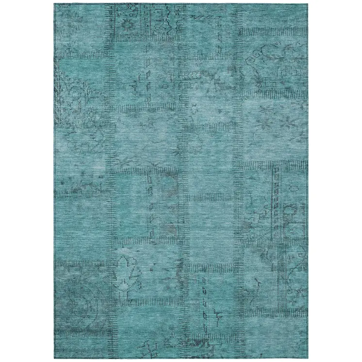 5' X 8' Teal Blue And Aqua Patchwork Washable Indoor Outdoor Area Rug