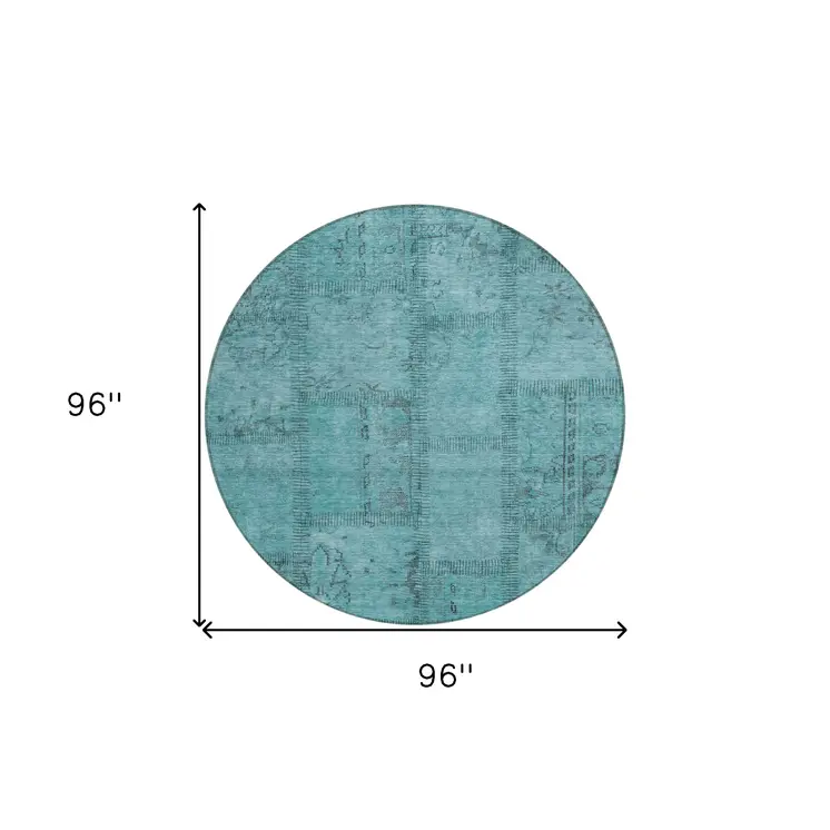 8' Teal Blue And Aqua Round Patchwork Washable Indoor Outdoor Area Rug