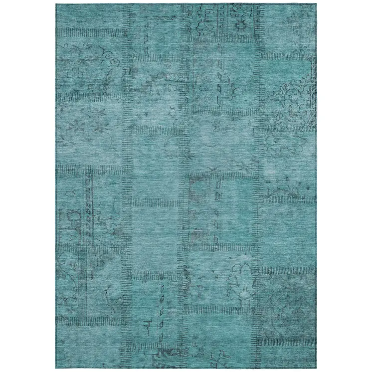 9' X 12' Teal Blue And Aqua Patchwork Washable Indoor Outdoor Area Rug