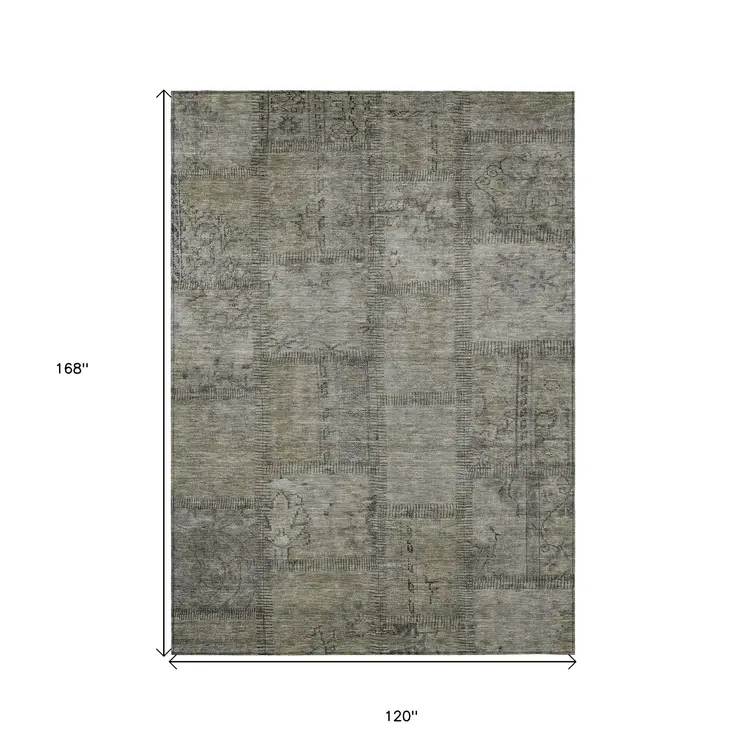 10' X 14' Taupe Brown And Beige Patchwork Washable Indoor Outdoor Area Rug