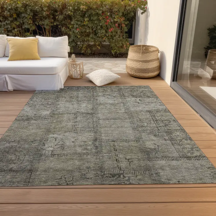 10' X 14' Taupe Brown And Beige Patchwork Washable Indoor Outdoor Area Rug