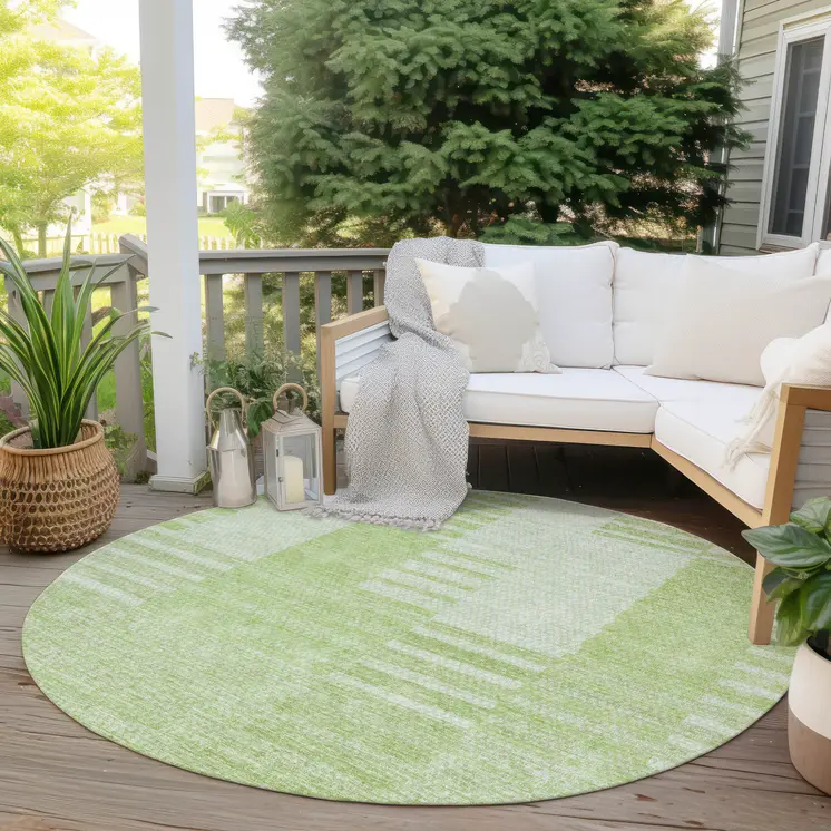 8' Artichoke Green And Mint Green Round Striped Washable Indoor Outdoor Area Rug
