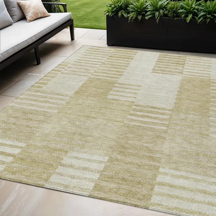 5' X 8' Beige And Ivory Striped Washable Indoor Outdoor Area Rug