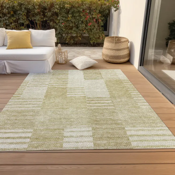 5' X 8' Beige And Ivory Striped Washable Indoor Outdoor Area Rug