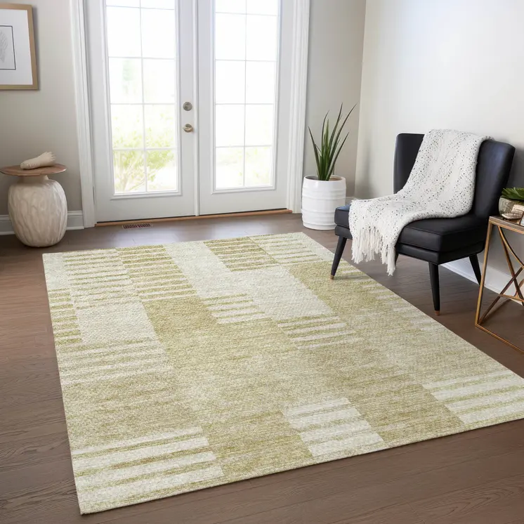 5' X 8' Beige And Ivory Striped Washable Indoor Outdoor Area Rug