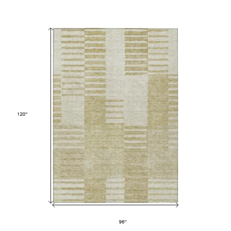 8' X 10' Beige And Ivory Striped Washable Indoor Outdoor Area Rug