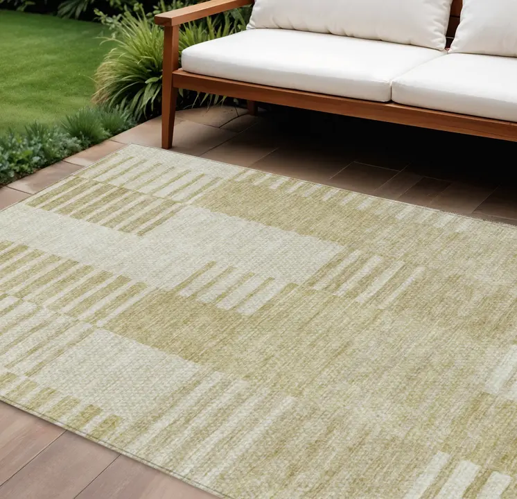 8' X 10' Beige And Ivory Striped Washable Indoor Outdoor Area Rug