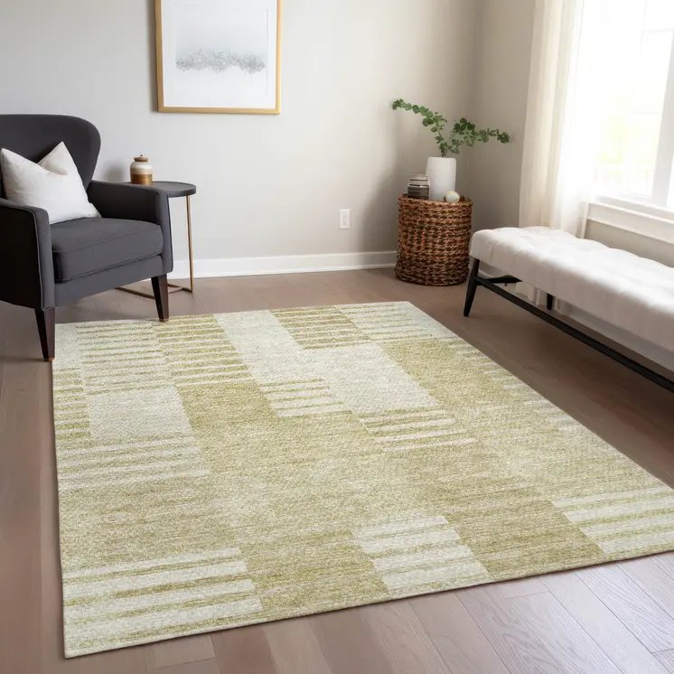 10' X 14' Beige And Ivory Striped Washable Indoor Outdoor Area Rug