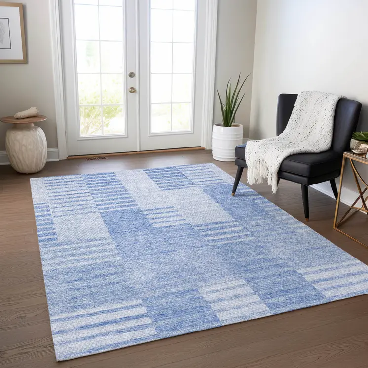 3' X 5' Sky Blue And Denim Blue Striped Washable Indoor Outdoor Area Rug