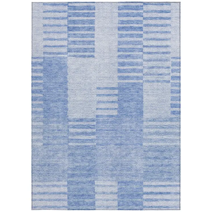 5' X 8' Sky Blue And Denim Blue Striped Washable Indoor Outdoor Area Rug