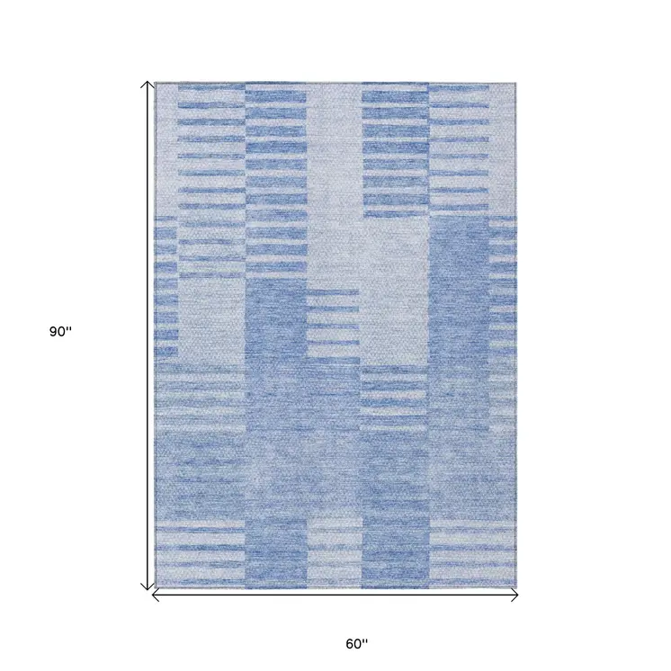 5' X 8' Sky Blue And Denim Blue Striped Washable Indoor Outdoor Area Rug