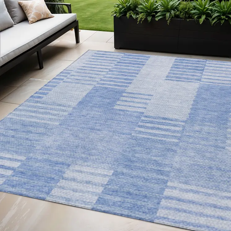 5' X 8' Sky Blue And Denim Blue Striped Washable Indoor Outdoor Area Rug