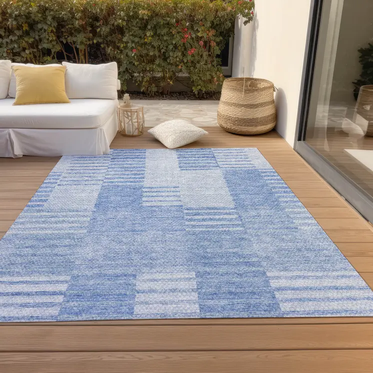 5' X 8' Sky Blue And Denim Blue Striped Washable Indoor Outdoor Area Rug