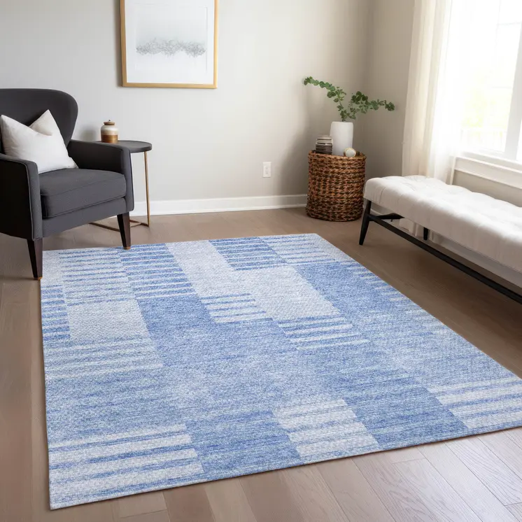 5' X 8' Sky Blue And Denim Blue Striped Washable Indoor Outdoor Area Rug